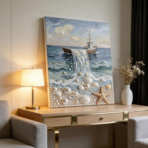 Mrchfr Wave Pearl Painting Kit for Adults & Beginners, DIY Ocean Theme DIY All-Pearl Dot Painting, Stress Relief Art Craft Supplies for Gift Home Wall Decor, No Frame (Style E) - Image 3