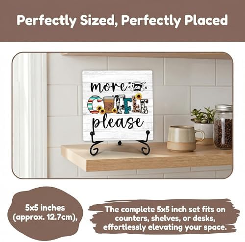 Coffee Bar Sign, More Coffee Please Sign, Coffee and Tea Lover Gifts, 5x5 Wood Plaque with Iron Stand for Home Kitchen Cafe, Coffee Bar Decor – A07 - Image 5