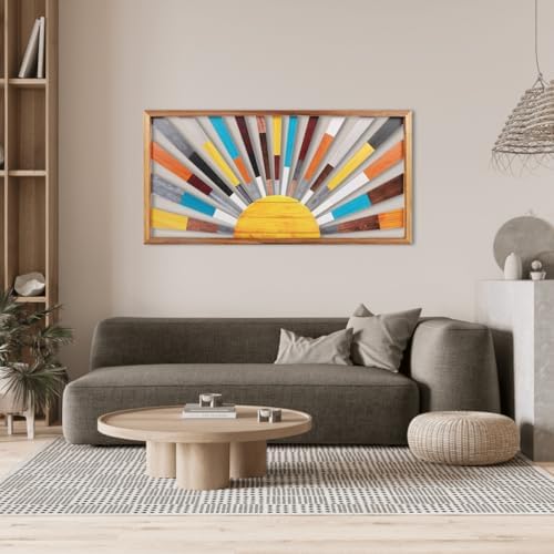 IARTTOP Large Boho Sun Wall Art Framed Wooden Art Wall Decor Rainbow Sun Rising On The Horizon Geometric Line Sunshine Wall Art for Living Room Bedroom Office 16"x32" - Image 5