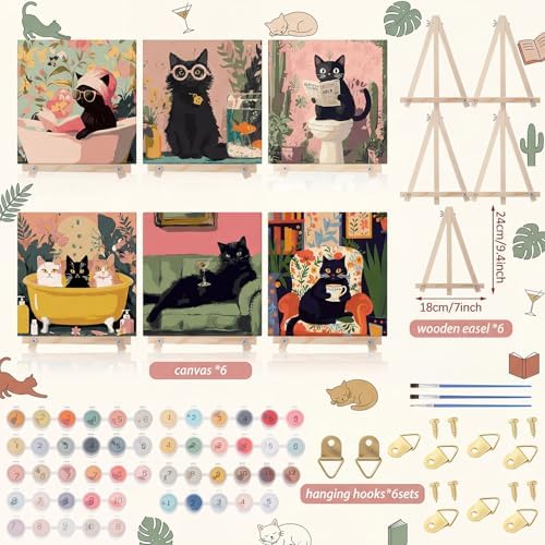 YooNotee 6 Pack Black Cat Paint by Numbers Kit on Canvas with Wooden Easels & Brushes, 8x8 Inch Black Cat Adult Paint by Number Kits on Canvas Framed, DIY Number Paintings for Adults for Wall - Image 2