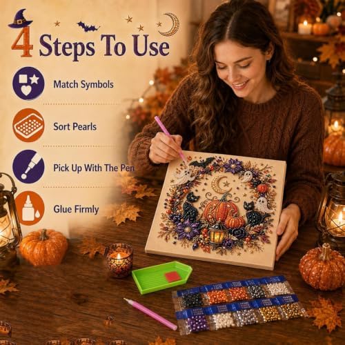 LAPUOTSP Halloween Ghost Pearl Art DIY Kit，Vintage Bead Embroidery Style Witch & Black Cat Ghost Pumpkin Rhinestone Canvas Art, DIY Gem Art Wall Hanging Decor, Unique Holiday Handcraft Gift - Image 5