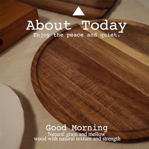 PINXIURY 13.8 Inch Round Wooden Decorative Serving Tray for Coffee Table and Home Decor, Round Wood Tray for Table Centerpiece, Small Candle Tray, Acacia, Appetizer Charcuterie Board - Image 7