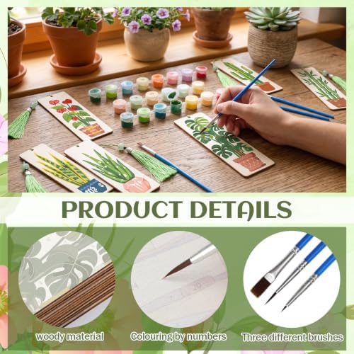 Kosiz 12 Pcs Plants Paint by Number Kit for Adult Green Wood Bookmark - Image 4