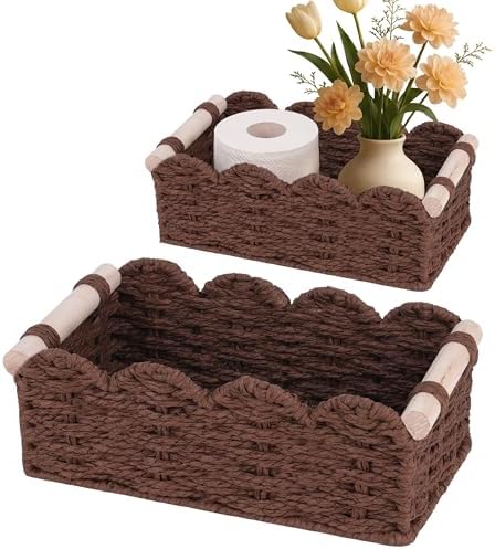 iEGrow Paper Rope Small Storage Baskets for Organizing, Set of 2 Scalloped Edge Wicker Basket with Wooden Handles Toilet Paper Basket for Over Toilet Storage Shelf, Home Decor, Living Room (Brown) by iEGrow