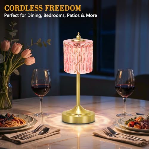 Cordless Table Lamp, 5200mAh Rechargeable Pink Glass Touch Lamp - Image 3