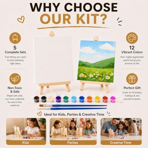 DUA MAIGA 5 Set Mini Acrylic Paint Kit, 5.9In Canvas Boards for Painting with 6.5" Easel, Acrylic Paint Strips, Painting Brushes, Mini Canvas and Easel Set for Kids Artists Beginner Gift Party (5) - Image 6