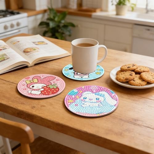 8Pcs Diamond Art Painting Coasters Beginners with Holder,DIY Cartoon Life Coaster Diamond Art Kits for Adults Kids, Small Mini Kit Round Full Drill Diamonds Art Craft Supplies 4X4 Inch - Image 5