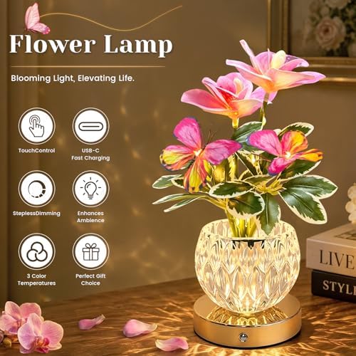 Flower Table Lamp, 3 Colors Touch Stepless Dimming Orchid Night Light, Rechargeable Artificial Flower Light, LED Flower with Vase Lamp Romantic Decor for Date Party Home (Pink - Cymbidium) - Image 6