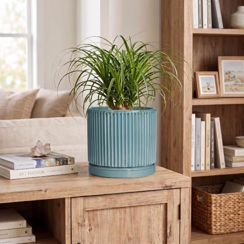 8 Inch Planter, Ceramic Pots for Plants with Saucer, Glaze Blue - Image 3