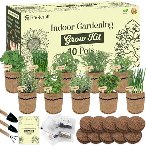 10 Herb Garden Planter Indoor Kit, 44pcs Complete Kitchen Herb Starter Set Including Burlap Pots, Markers, Soil Discs, Gardening Tools, Unique Easter/Birthday/Christmas Gift Ideas for Women, Mom by ROOTCRAFT