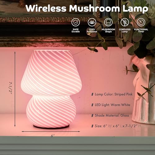 ULAROOM Battery Operated Mushroom Lamp - Vintage Small Table Lamp With Timer, Cordless Bedside Nightstand, Glass Battery Powered for Bedroom Kitchen Living Room Shelf Decor Aesthetic Pink - Image 2