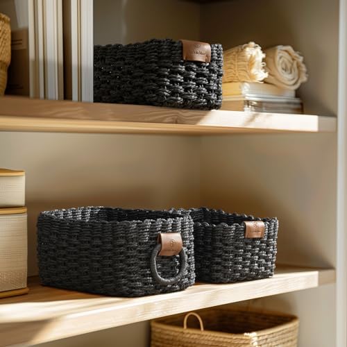 La Jolie Maison Small Black Wicker Baskets Set of 3, Paper Rope Storage Baskets with Handle, Small Woven Baskets for Organizing, Decorative Cute Baskets for Gifts - Image 3