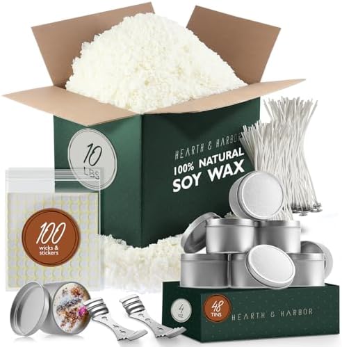 Hearth & Harbor Natural Soy Wax and DIY Candle Making Supplies - 10 Lbs. Soy Candle Wax Flakes, Candle Tin Cans with Lid 48 Pack - 4 oz., 100 Cotton Wicks, and 2 Metal Centering Device by HearthHarbor