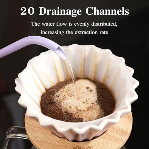 Bincoo Ceramic Coffee Dripper,Pour Over Coffee Dripper with Wood Stand, Flower-shape for 1-2 Cups Slow Brewing Maker for Home Cafe (Pink) - Image 2