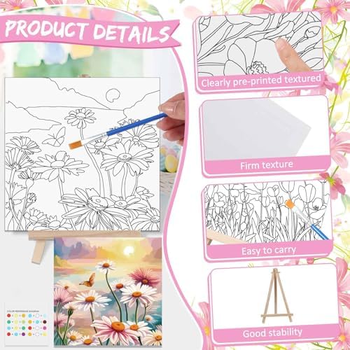 Tenceur 12 Sets Pre Drawn Canvas to Paint Adult Stretched Coloring Painting Canvas Panels with Design Easel and Brushes for Party Supplies Beginner Favor(Flower) - Image 3
