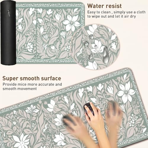 Vintage Botanical Desk Mat, 35.4 x 15.7 Inch XXL Sage Green Mouse Pad - Image 4