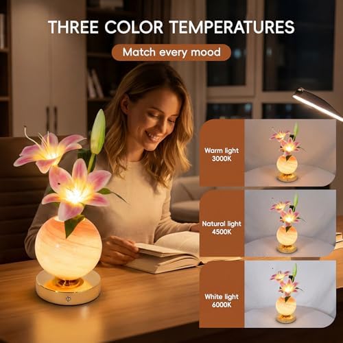 Lily Lamp Rechargeable Wireless Touch-Control Dimmable Faux Flower Desk Light, LED Glass Planet Vase Night Light, Kitchen Bedroom Office Decor, Housewarming Gift Women and Mom - Image 4