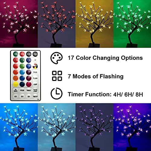 LIGHTSHARE 18 Inch Cherry Blossom Bonsai Tree, 48 LED Lights, RGB with Remote Control, 16 Color-Changing Modes, 24V UL Listed Adapter Included, Metal Base Ideal As Night Lights - Image 4