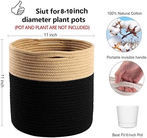 Woven Cotton Rope Plant Basket for 10-11" Pot Organizer Black&Brown - Image 2