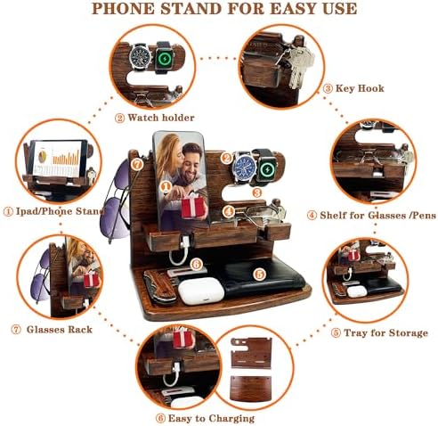 VEIYAILU Gifts for Men Boyfriend Dad Husband Him Wood Phone Docking Station Nightstand Organizer for Men (Walnut) - Image 4