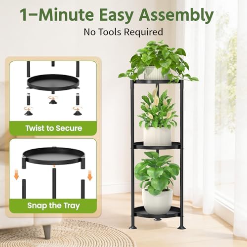 LASZOLA Plant Stand Indoor Tall Corner with Large Metal Tray, 3 Tier Black - Image 3