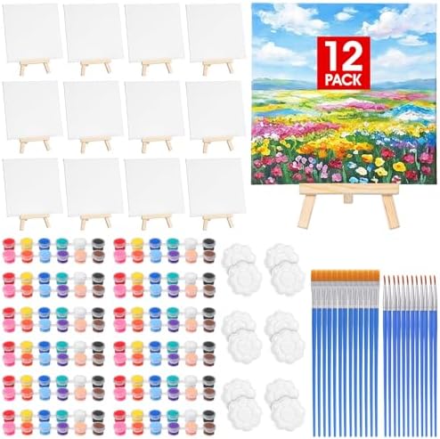12 Sets Canvas Painting Kit, Canvas and Easel Set Bulk, Mini Canvas Panels and Easel Painting Kit, 12 Colors Acrylic Paint Strips, 24 Brushes, 12 Palettes for Beginners Adults Kids Party Favors by Unknown