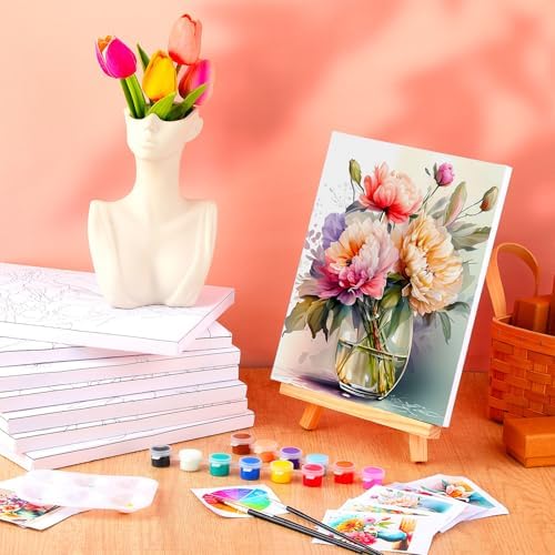 Humyoun 8 Sets 8" x 10" Flower Pre Drawn Canvas to Paint for Sip and Paint Party Floral Predrawn Coloring Set Pre Sketched Canvas Boards with Paints and Brushes for Adult - Image 6