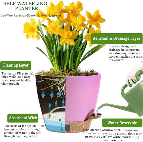 Self Watering Pots for Inoor Ourdoor Plants 10/9/8/7/6.5 Inch, 5 Pack - Image 3