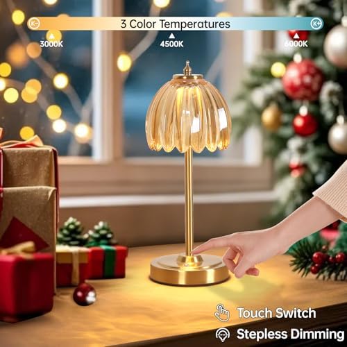 Shenmoyl Set of 2 Tulip Table Lamp with 5000mAh Battery & Touch Control, Cordless Table Lamp with 3 Colors, Dimmable Rechargeable Table Lamps for Bedroom, Living Room, Entryways (Amber Tulip) - Image 3