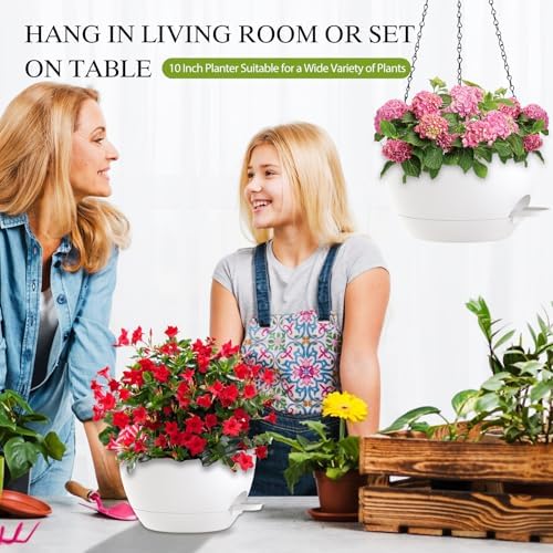 10 Inch Hanging Baskets 2 PC with Chains, Self-Watering Hanging Planters for Indoor Outdoor Plants, Plastic Hanging Flower Pots,White - Image 6