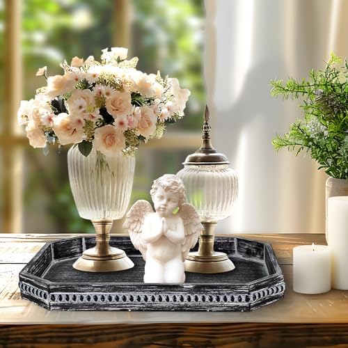CedarLux Decorative Coffee Table Serving Tray, Long Octagonal Black Wood Tray with Wooden Bead, Farmhouse Big for Ottoman Table, Countertop, Home Decor, 16.5"x13"x1.6" (Retro Black) - Image 4