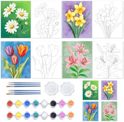 ACRNIGHEET 4PCS Pre Drawn Canvas for Painting for Adults Flower Theme Paint and Sip Kit Pre Printed Framed Canvases Set Pre Drawn Canvas Painting Set Couples Date Night Party Supplies 8 X 10 Inch by ACRNIGHEET
