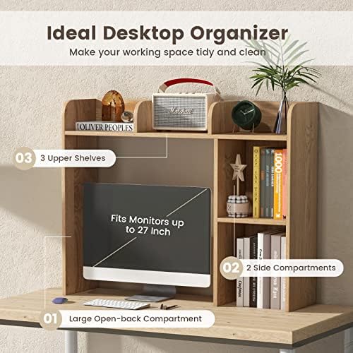 GIANTEX Desktop Bookshelf, Wood Desk Hutch Organizer for 27 Inch Computer Monitor, Countertop Storage Display Rack with 5 Shelves, Multipurpose Desktop Shelf Bookcase for Dorm Office Home, Natural - Image 4