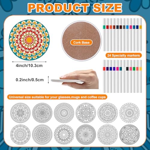 Potchen 12 Pcs Color Your Own Coaster DIY Kits,Dark Mandala - Image 2