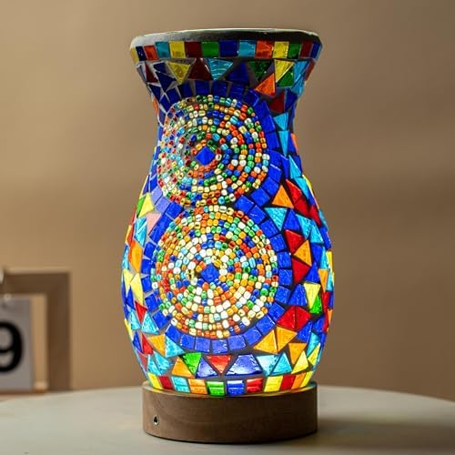 Mosaic Vase Lamp, Turkish Moroccan Table Lamp with Wood Base, USB LED - Image 6