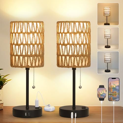 Rattan Bedside Table Lamps Set of 2 - Boho Lamps With 3 Color Temperatures & USB AC Port, Pull Chain Table Lamp For Bedroom, Cute Small Lamp For Nightstand Office Desk Bed Side End Table Living Room by LightingFixtures