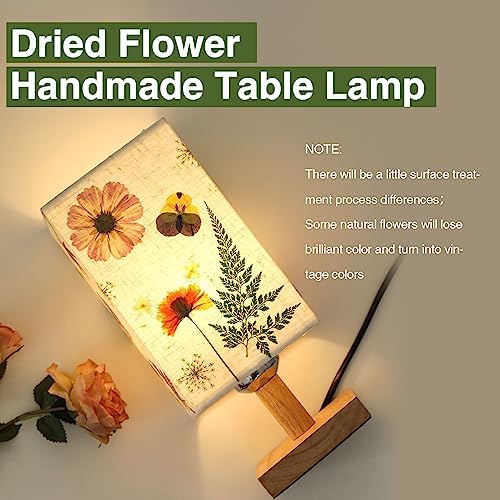 Dried Flowers Table Lamp 5W LED 3Color Temperatures Pressed Flower Bedside Lamp Square Linen Shade with Wood Base for Bedroom Living Room - Image 5