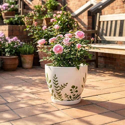 MPotTo 10 Inch Plant Pot - Ceramic Planter for Indoor Outdoor Flowers, Decorative Round Indoor Flower Pot with Drainage Hole and Saucer, Plant Lover Gifts, Garden Patio Home Office Decor, White - Image 5