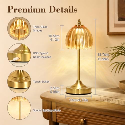 Glass Tulip Table Lamp, Cordless Rechargeable Desk Lamp - Amber - Image 5