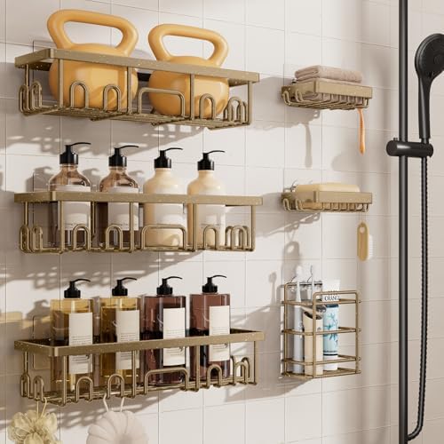 Veken Shower Caddy 6-Pack, No Drilling & Rustproof, Waterproof Adhesive Shelves Rack with Soap Holder, Large Capacity Bathroom Organizers and Storage, Wall-Mounted Kitchen & Home Decor, Matte Gold by Veken