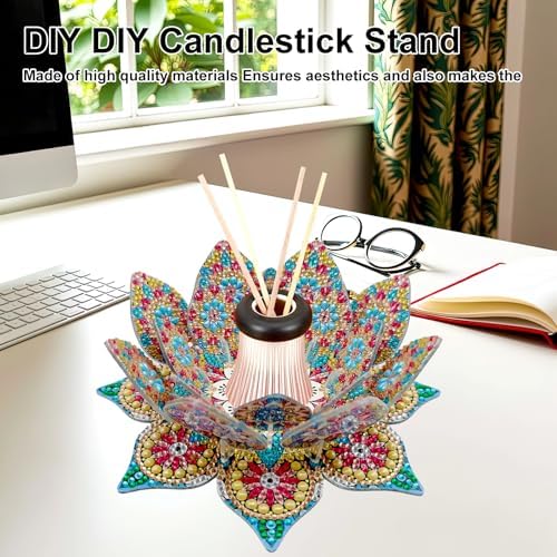 jinglinhh DIY Mandala Lotus Diamond Art Painting Aromatherapy Candle Holder Kit for Adults, Acrylic Diamond Art Tabletop Candlestick Holder Tray Ornaments Craft Project for Beginners(Gold Blue Lotus) - Image 6