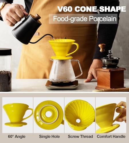 Pour Over Coffee Dripper - Ceramic Cup, Pour Over Coffee Maker Cone, Porcelain Cone, Easy Manual Brew Maker - Strong Flavor Brewer for Home, Cafe, Office - 1-4Cup, V60 Size 02 (Bright Yellow) - Image 2