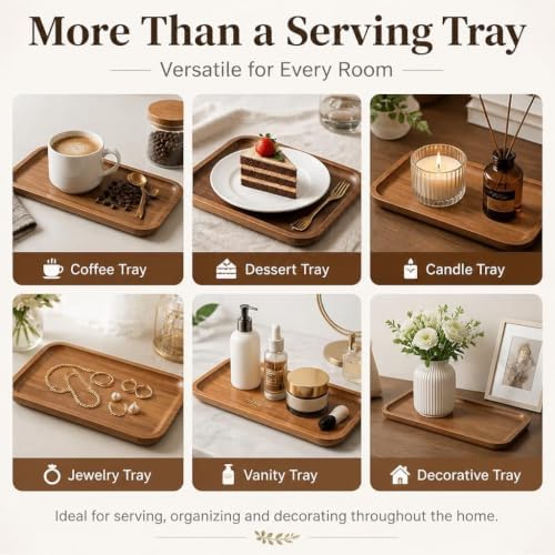 Small Acacia Wood Serving Tray Wooden Vanity Tray Bathroom Counter Organizer Coffee Bar Tray Mini Wooden Platter Appetizer Snack Serving Board Decorative Wood Tray Brown, Round - Image 5