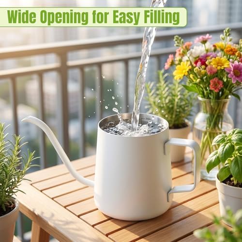 Doseno White Watering Can, Metal Design for Indoor Plants, 12oz Long Spout - Image 6