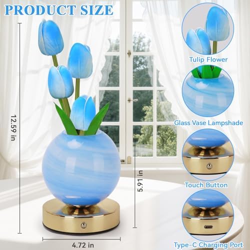 Tulip Table Lamp, Rechargeable Cordless Touch Dimming Artificial Tulip Flower Desk Lamp, LED Flower Bedside Night Light Romantic Gifts for Girl Women Mom (Blue) - Image 2