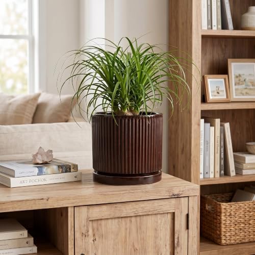 8 Inch Ceramic Flower Pots, Round Planter with Saucer, Brown - Image 3