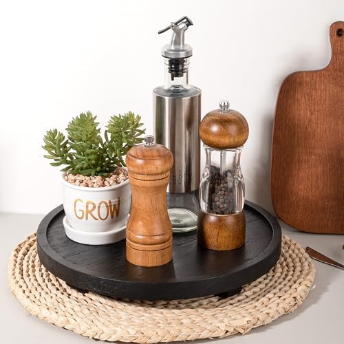 Round Decorative Tray Wood Bathroom Counter Organizer Farmhouse Kitchen Decor Wooden Riser for Soap Dish, Perfume, Candle, Sponge, 11" - Black - Image 4