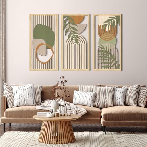 IARTTOP Boho Mid-Century Modern Wood Wall Art 16x32 Inch Large Green Abstract Wood Wall Decor Mid Century Bohemian Artwork for Bedroom Living Room Office Kitchen Set of 3 - Image 2