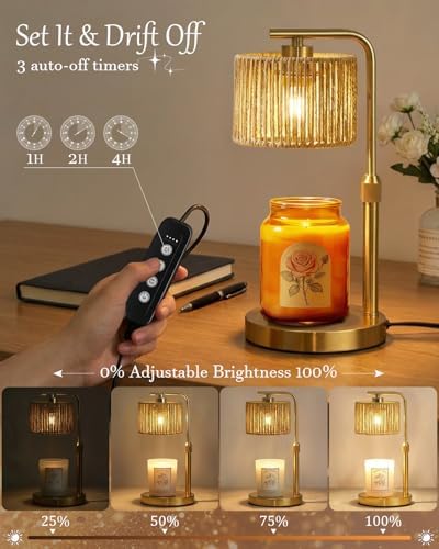 Candle Warmer Lamp, Timer Dimmable Candle Lamp, Adjustable Height and Brightness Gold Candle Warmer, Boho Rattan Lampshade and 2 Bulbs, Suitable for Home Decor, Birthday Gifts for Women Mom - Image 3
