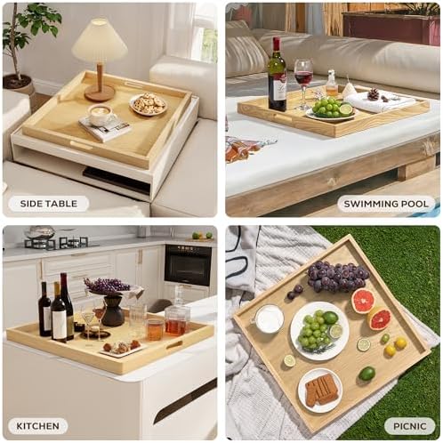 Axeman 22 Inch Large Square Wooden Ottoman Tray for Living Room|Extra Large Serving Tray with Handles for Coffee Table, Breakfast|Decorative Wood Tray for Ottoman Couch Sofa Kitchen|Natural - Image 6